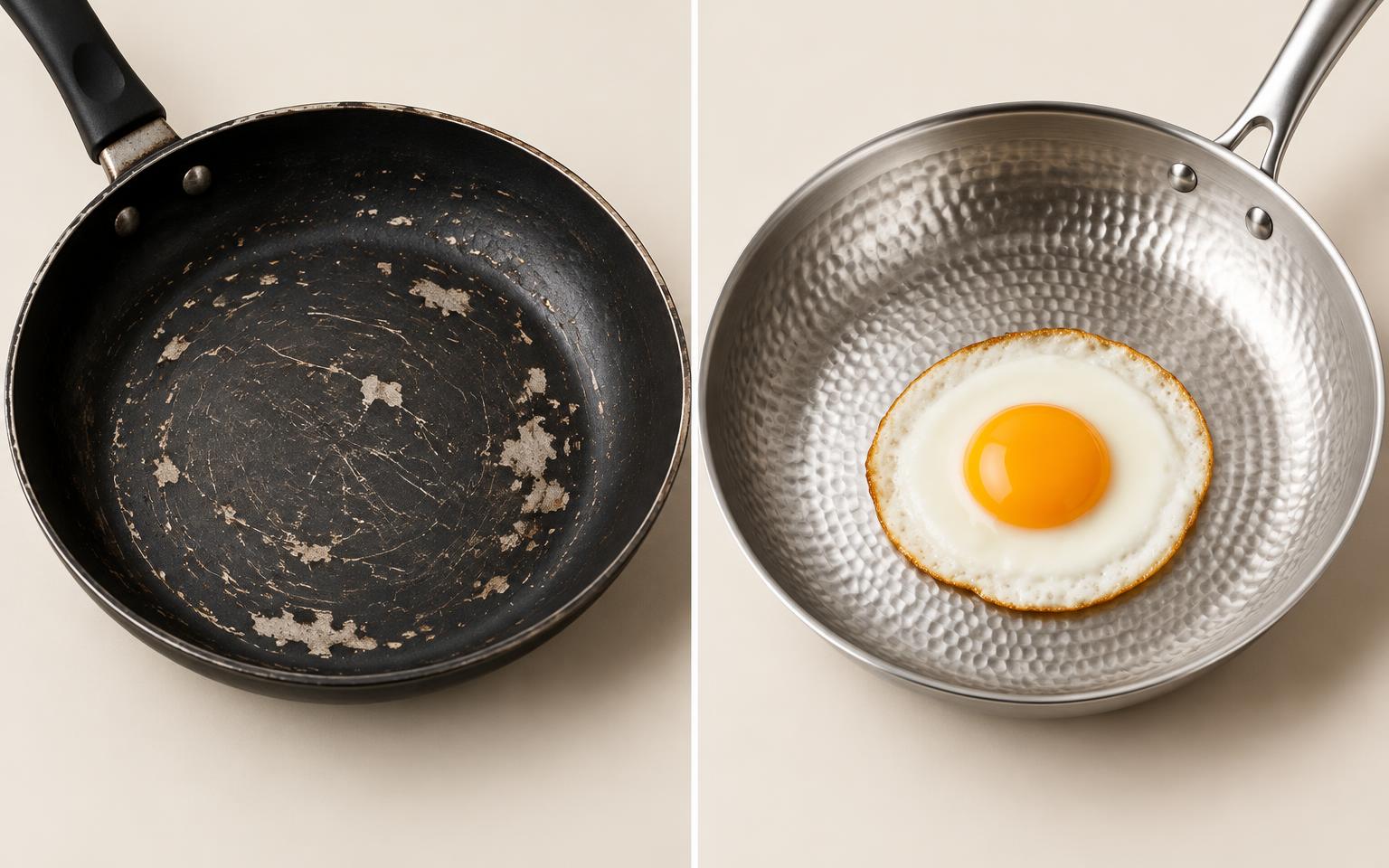 Links eine zerkratzte Antihaftpfanne mit abgeplatzter Beschichtung, rechts ein Spiegelei in einer gehämmerten Titanpfanne