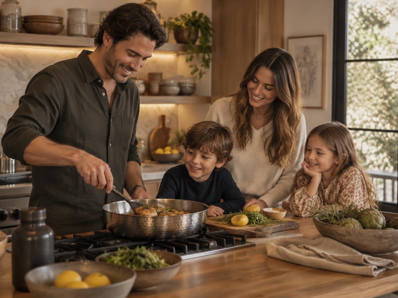 Familie kocht gemeinsam in einer warmen Küche mit der Titanpfanne